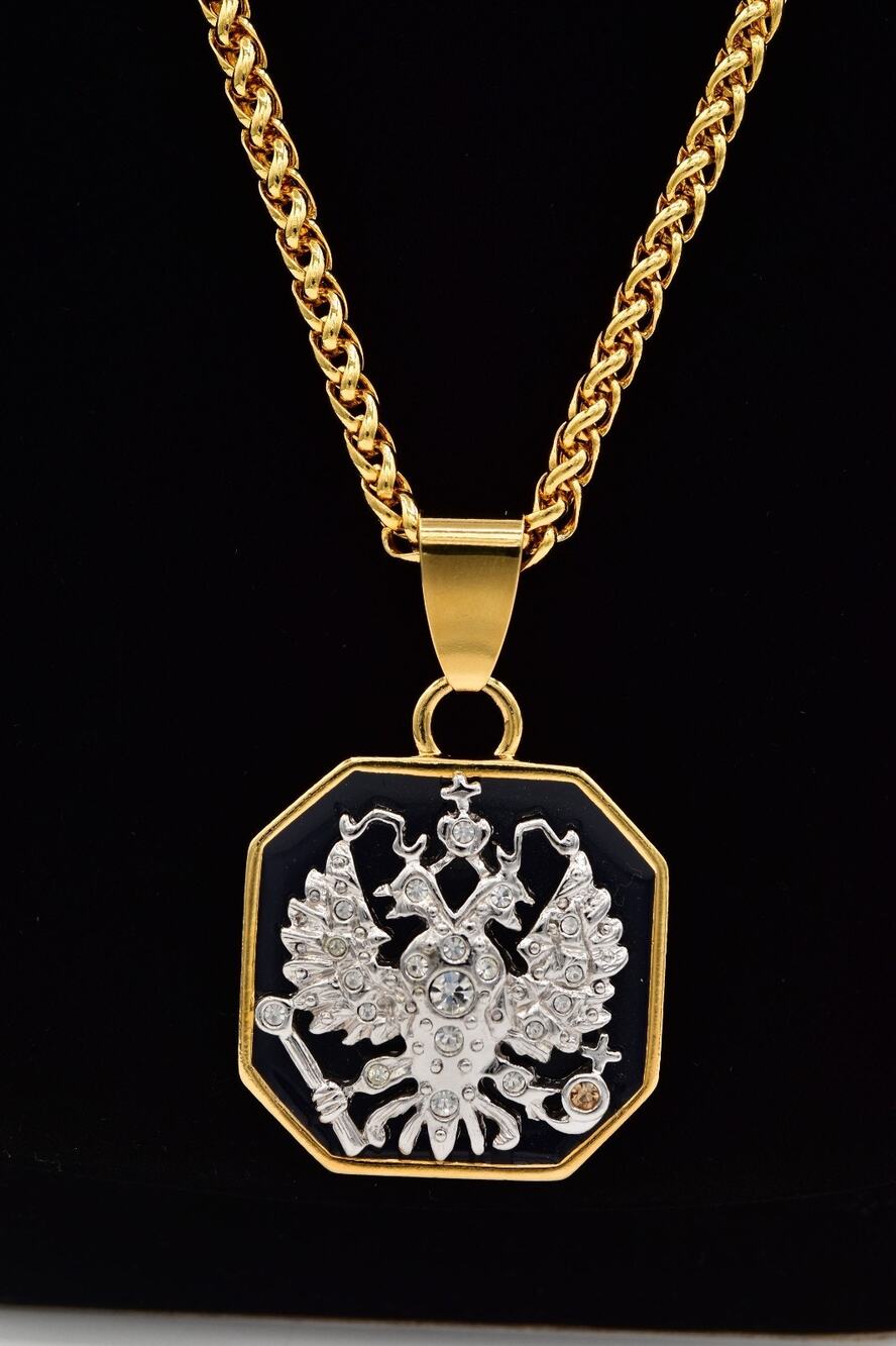 Joan Rivers Imperial Double Headed Eagle Rhinestone Pendant Necklace Gold BinBL